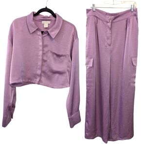 House of Harlow Satin Lavender Purple Crop Button Top Wide Leg Pant Matching Set